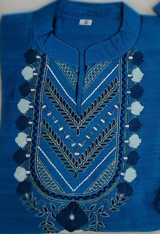 Elegant Firozi Blue Embroidered Cotton Kurta Set 3 pc