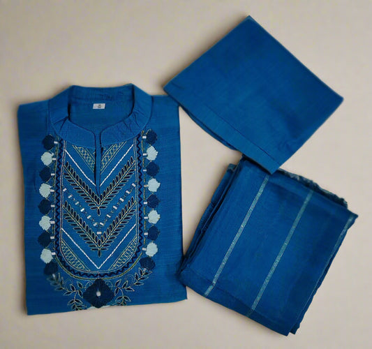 Elegant Firozi Blue Embroidered Cotton Kurta Set 3 pc