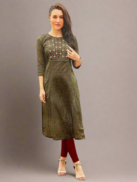 Dark olive green straight-cut kurta
